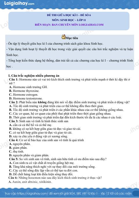 Đề thi giữa kì 1 Sinh 11 Kết nối tri thức - Đề số 6